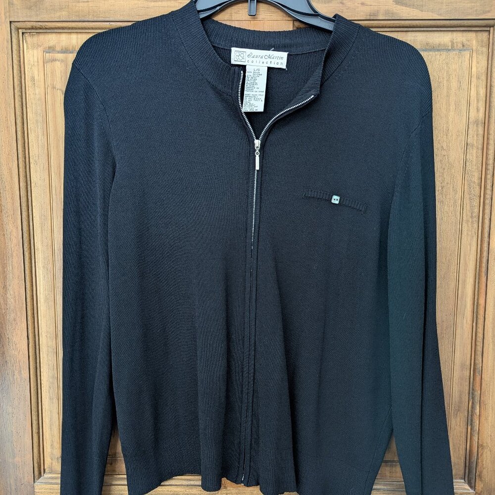 Laura Martin Women's Zip Front Long Sleeve Black Top. Size Large